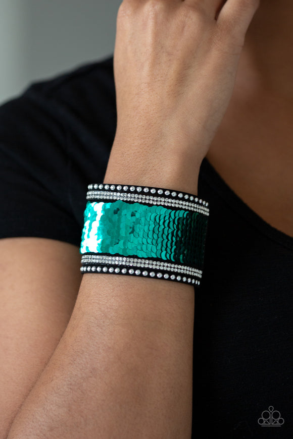 Paparazzi Accessories - MERMAIDS Have More Fun - Green Sequin Bracelet - Travona's Dazzling Jewels