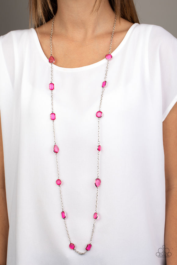 Paparazzi - Glassy Glamorous - Pink Long Necklace