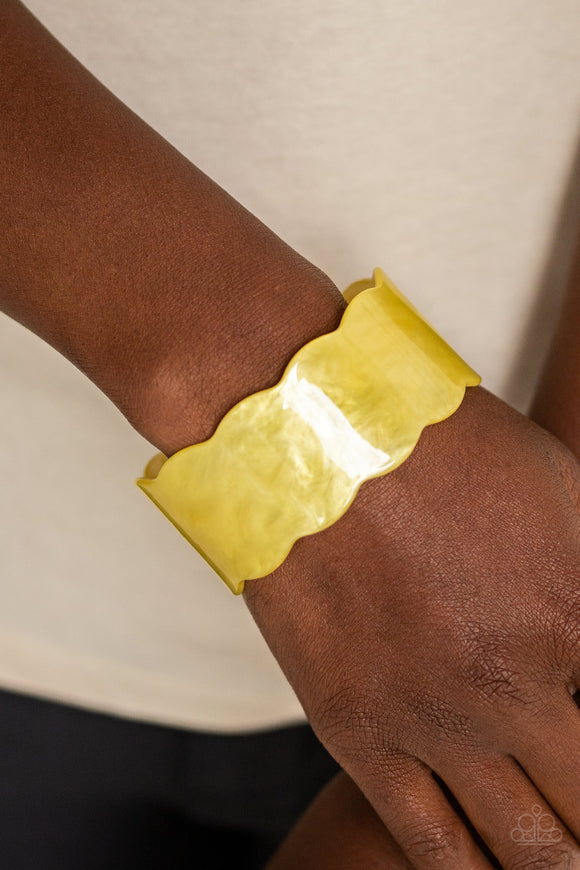 Paparazzi - Retro Ruffle - Yellow Acrylic Cuff Bracelet