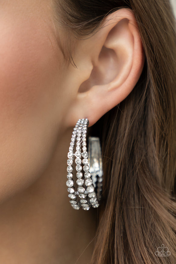 Paparazzi - Cosmopolitan Cool - White Rhinestone Hoop Earrings